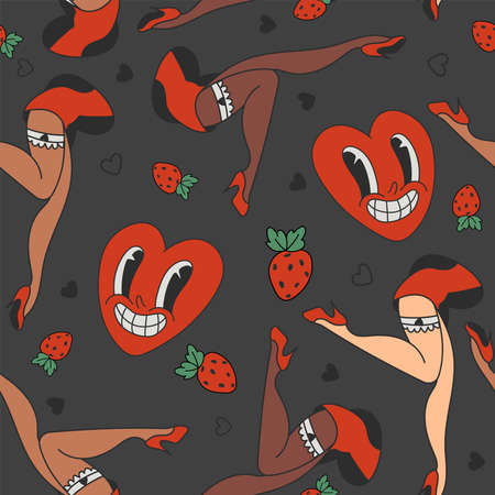 Vector Valentines day colorful doodle pattern. Hand drawing texture with cartoon retro girls and hearts.のイラスト素材