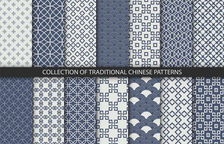 14 different chinese vector patterns. Endless texture can be used for wallpaper, pattern fills, web page background, surface textures.のイラスト素材