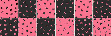 Geometric Vector pattern in black and pink. Form a triangle, a line, a circle. Hipster fashion Memphis style.のイラスト素材