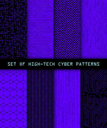 Set of seamless cyber patterns. Circuit board texture. Digital high tech style vector backgrounds.のイラスト素材