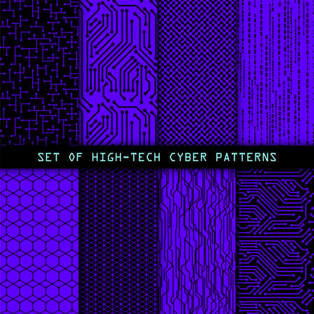 Set of seamless cyber patterns. Circuit board texture. Digital high tech style vector backgrounds.のイラスト素材