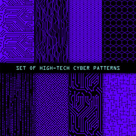 Set of seamless cyber patterns. Circuit board texture. Digital high tech style vector backgrounds.のイラスト素材