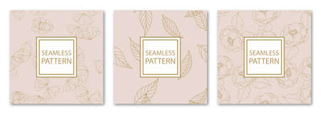 3 Different flower vector seamless patterns. Romantic chic floral textures can be used for printing onto fabric and paper or scrap booking. Pink, white and gold colors. For baby, girl and woman.のイラスト素材