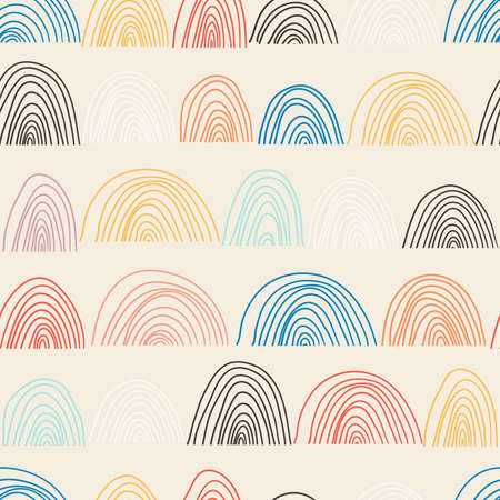 Cute geometric pattern. Hand drawn rainbow doodle vector seamless background in bright colors. Summer design.のイラスト素材