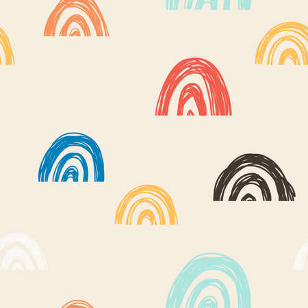 Cute geometric pattern. Hand drawn rainbow doodle vector seamless background in bright colors. Summer design.のイラスト素材