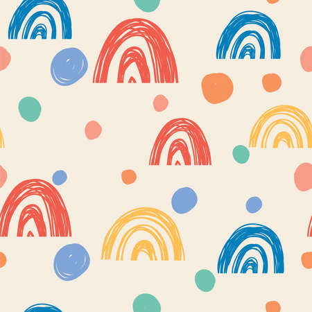 Cute geometric pattern. Hand drawn rainbow doodle vector seamless background in bright colors with colorful dots. Summer design.のイラスト素材