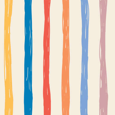 Seamless strip hand drawn pattern. Vertical lines in doodle style. Childish wrapping background. Light, blue, yellow, orange, rose, pastel colors on white. Vector illustrationのイラスト素材