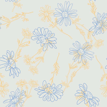 vector seamless pattern with drawing daisy flower, floral background, hand drawn botanical illustrationのイラスト素材