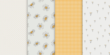 Set of 4 pattern in rustic style. Plaid, dots, strips and daisy textures in yellow and white colors.のイラスト素材