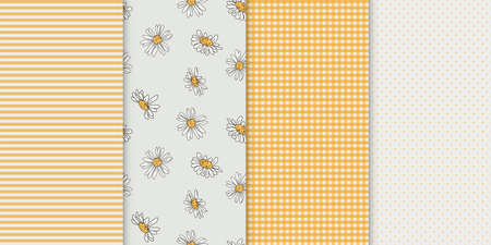 Collection of 4 pattern in rustic style. Plaid, dots, strips and daisy textures in yellow and white colors.のイラスト素材