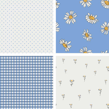 Set of 4 pattern in rustic style. Plaid, dots, strips and daisy textures in blue and white colors.のイラスト素材