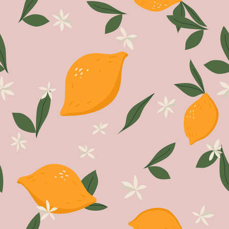Vector trendy pattern in doodle hand drawn style. Cute lemons on pink background. Seamless summer textureのイラスト素材