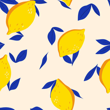 Vector hand drawn seamless pattern with lemons on the white background. Vector illustration. Natural fruit background.のイラスト素材