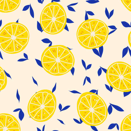 Vector hand drawn seamless pattern with lemons on the white background. Vector illustration. Natural fruit background.のイラスト素材