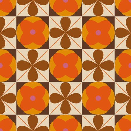 Seamless vector pattern with bold geometric shapes in 1970s style. Texture background for web, print, home decor, summer fall fashion textile, wrapping paper, wallpaper, website background, decalsのイラスト素材