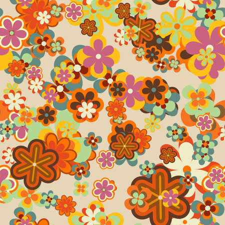 Colorful Floral Vector Seamless Pattern. Retro 70s Style Nostalgic Fashion Textile Bold Background. Summer Resort Print. Daisies. Flower powerのイラスト素材
