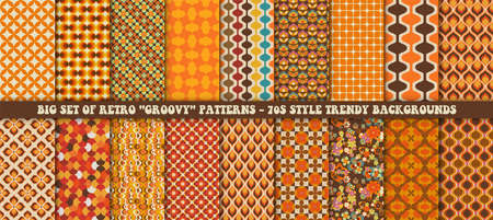 Big set of 18 colorful retro patterns. Vector trendy backgrounds in 70s style. Abstract modern geometric and floral ornaments, vintage backgroundsのイラスト素材