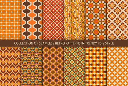 Big set of 18 colorful retro patterns. Vector trendy backgrounds in 70s style. Abstract modern geometric and floral ornaments, vintage backgroundsのイラスト素材