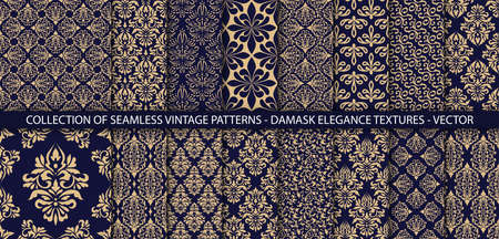 Set of ornate vector ornamenal patterns. Vintage classic backgrounds collection. 16 damask textures in gold and dark blue colors. Perfect for invitations or announcements.の写真素材