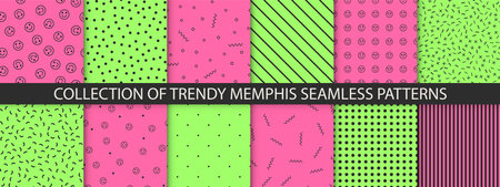 Collection of trendy hand drawn patterns. Fashion 80-90s. Trendy pink and green colors and black fun textures.のイラスト素材