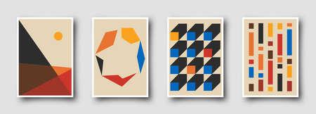 Retro graphic design covers. Cool vintage shape compositions. Trendy colorful bauhaus art templates.のイラスト素材