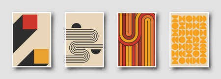 Retro 60s-70s graphic design covers. Cool vintage shape compositions. Trendy colorful bauhaus art templates.のイラスト素材