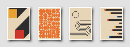 Retro 60s-70s graphic design covers. Cool vintage shape compositions. Trendy colorful bauhaus art templates.のイラスト素材