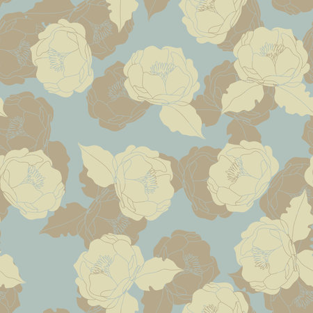 Seamless vector floral wallpaper. Decorative vintage pattern in classic style with flowers. Two tone ornament with beije peony silhouette on blue gray backgroundのイラスト素材