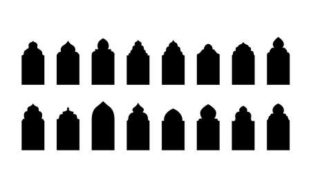 Set of vector Islamic door and window shapes. Arabic door and window vector silhouette.のイラスト素材