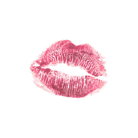 Beautiful realistic pink lips kiss isolated on white background. Lipstick vector mark.のイラスト素材