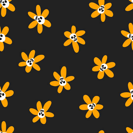 Vector seamless pattern of cute doodle sculls. Halloween simple backgroundのイラスト素材