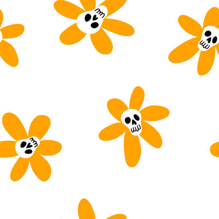 Vector seamless pattern of cute doodle sculls. Halloween simple backgroundのイラスト素材