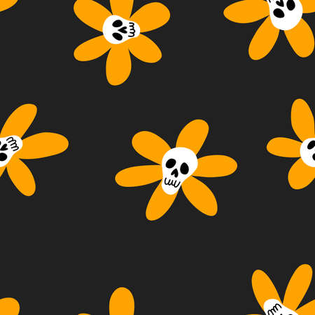 Vector seamless pattern of cute doodle sculls. Halloween simple backgroundのイラスト素材