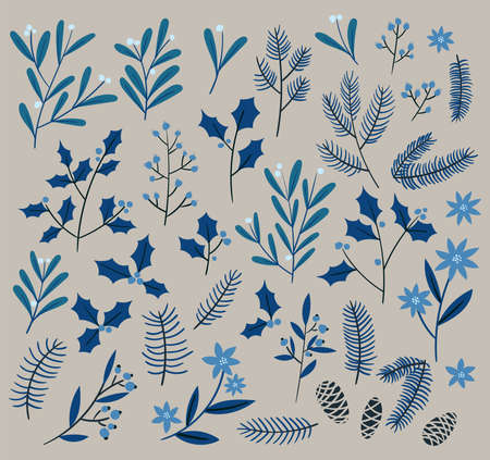 Christmas set of plants with flowers, holly, spruce branches, leaves and berries. Christmas trees. Modern doodle collection in blue colors. Hand drawn design elements.のイラスト素材