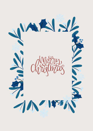 Merry Christmas abstract card with square frame banner and modern handwritten calligraphy. Holly Christmas doodle branches. Blue pastel colors greeting layout.のイラスト素材