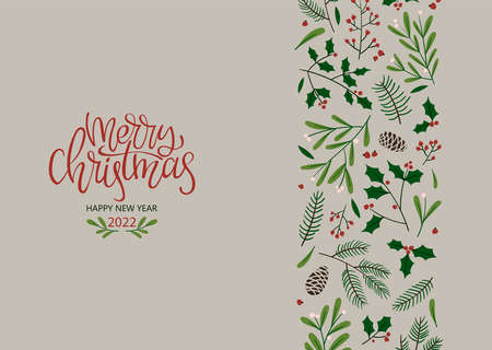 Vintage Christmas elements, winter branches with hand written letterning. Seamless pattern background. Vector holiday texture, template new year card for your designのイラスト素材