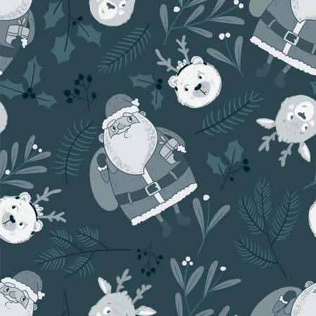 Vector seamless flat pattern with hand drawn doodle elements of Happy New Year and Christmas Day.のイラスト素材