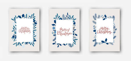 Ornate vertical winter holidays greeting cards with New Year tree branches, Christmas ornaments and hanwritten calligraphy design. Set of Vector illustrations.のイラスト素材