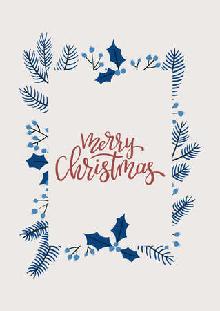 Merry Christmas abstract card with square frame banner and modern handwritten calligraphy. Holly Christmas doodle branches. Blue pastel colors greeting layout.のイラスト素材