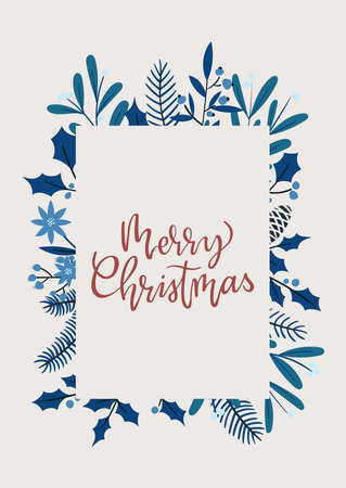 Merry Christmas abstract card with square frame banner and modern handwritten calligraphy. Holly Christmas doodle branches. Blue pastel colors greeting layout.のイラスト素材