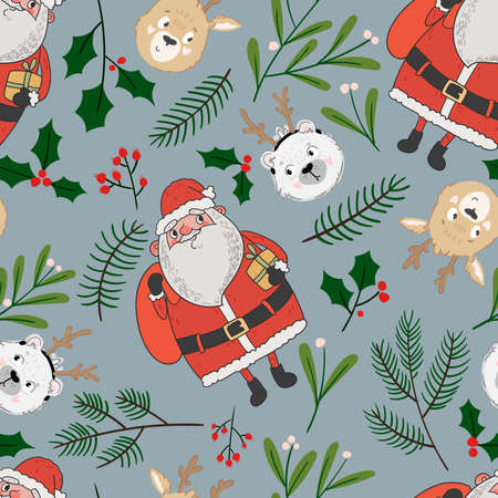 Vector seamless flat pattern with hand drawn doodle elements of Happy New Year and Christmas Day.のイラスト素材