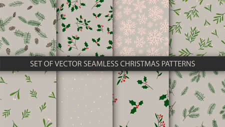 Collection of 8 winter hand drawn seamless patterns. Christmas vector textures. Happy New Year wrapping backgroundsのイラスト素材