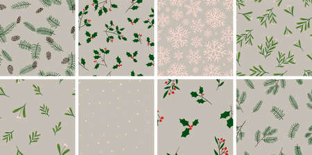 Collection of 8 winter hand drawn seamless patterns. Christmas vector textures. Happy New Year wrapping backgroundsのイラスト素材