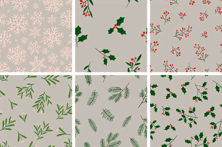 Set of 4 Christmas holiday vector patterns. Winter floral backgrounds design. Happy New Year texturesのイラスト素材