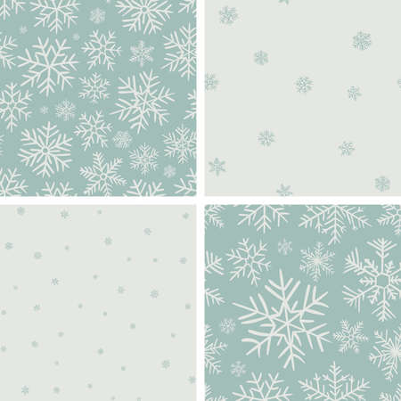 Set of 4 hand drawn patterns with snowflakes. A seamless vector background. Blue and white winter colors texture. Holiday happy new year backgroundsのイラスト素材