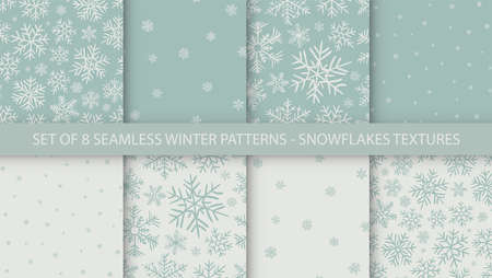 Set of 8 hand drawn patterns with snowflakes. A seamless vector background. Blue and white winter colors texture. Holiday happy new year backgroundsのイラスト素材