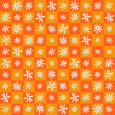 Seamless pattern with flowers on check background. In 70s 60s hippie styleのイラスト素材