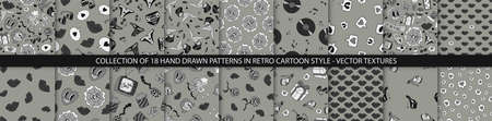 Collection of hand drawn retro cartoon style patterns. Retro fashion trendy textures. Vector backgroundsのイラスト素材