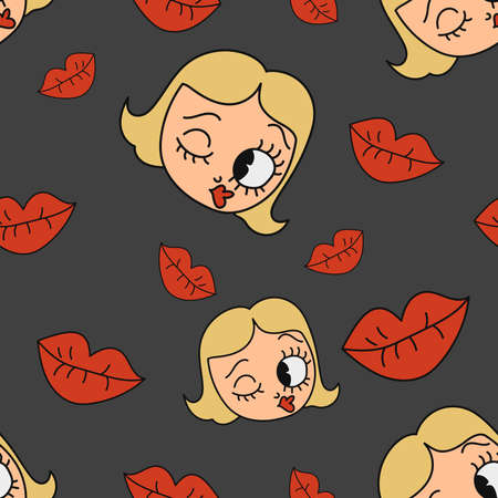 Seamless romantic pattern with hand drawn blondy girl and lips. Colorful doodle cartoons on dark background. Template for design, postcards, print, poster, party, Valentines day, vintage textile.のイラスト素材
