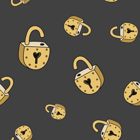 Seamless pattern in hand drawn cartoon retro style. Door locks and hearts vector seamless texture. Valentines day backgroundのイラスト素材